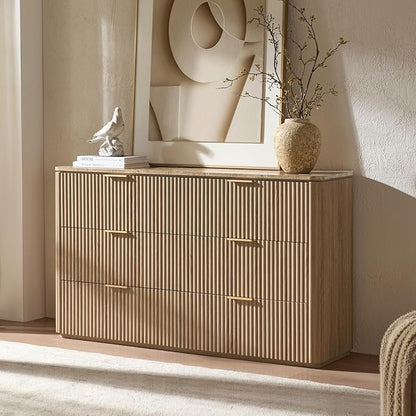 Fluted 6 Drawer Dresser for Bedroom, 54.5" Wide Modern Chest of Drawers with Faux Marble Top, Curved Corners, Wooden Dresser TV Stand with Organizer Storage for Living Room, Natural Oak