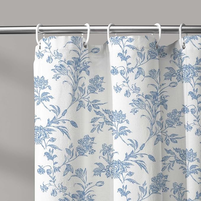 Extra Long Shower Curtain Blue Floral Cotton Cottagecore Shower Curtain for Bathroom 72" W x 84" L