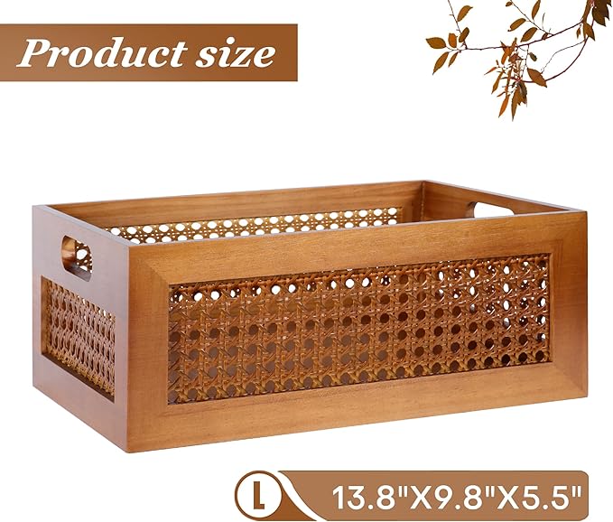 Wooden Storage Basket Handmade Rattan Drawer Storage Box with Frame & Handles Decorative Natural Bamboo Woven Bins Rustic Farmhouse Decor Home Office Tabletop Shelf Organizer 13.8" x 9.8" x 5.5"
