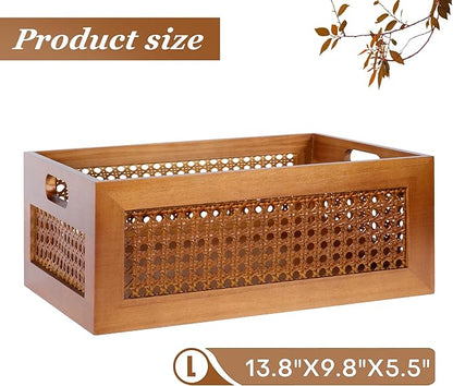 Wooden Storage Basket Handmade Rattan Drawer Storage Box with Frame & Handles Decorative Natural Bamboo Woven Bins Rustic Farmhouse Decor Home Office Tabletop Shelf Organizer 13.8" x 9.8" x 5.5"