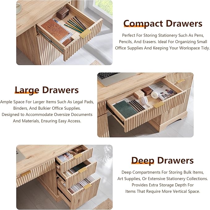 JXQTLINGMU 58" Modern Executive Desk with Storage, Wood Home Office Desk with 5 Drawers & 1 Cabinet, Fluted Computer Writing Desk for Study, Living Room, Bedroom, Oak