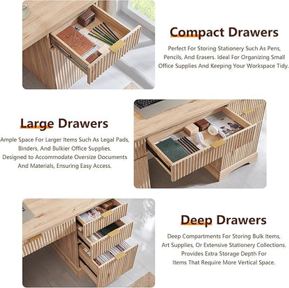 JXQTLINGMU 58" Modern Executive Desk with Storage, Wood Home Office Desk with 5 Drawers & 1 Cabinet, Fluted Computer Writing Desk for Study, Living Room, Bedroom, Oak