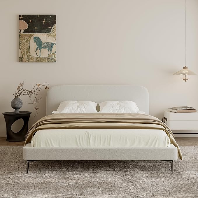 Acanva Modern Minimalist Upholstered Platform Bed Frame with Headboard, Mattress Foundation Base with Metal Slats Support, No Box Spring Needed, Non-Slip, White, Queen Size