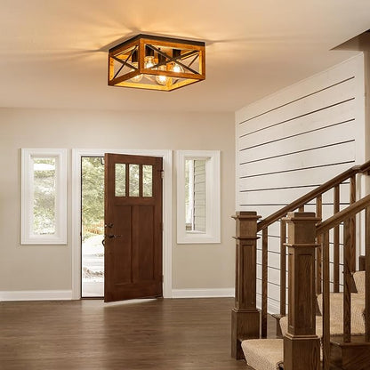 Farmhouse Ceiling Light, 4-Light Flush Mount Ceiling Light with Black Metal and Wood, Rustic Light Fixture for Hallway, Entryway, Kitchen