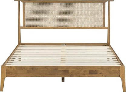 NTC Ruby Wooden Bed Frame with Headboard, Solid Wood Foundation with Silent Slats and Wood Central Supports, 1000 Lb Capacity, Effortless Assembly, Multiple Sizes and Colors (Teak Look, Queen)