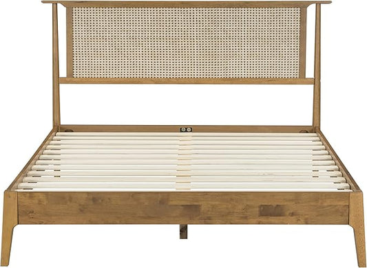 NTC Ruby Wooden Bed Frame with Headboard, Solid Wood Foundation with Silent Slats and Wood Central Supports, 1000 Lb Capacity, Effortless Assembly, Multiple Sizes and Colors (Teak Look, Queen)
