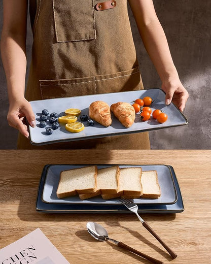 famiware Serving Platter, Rectangular 15.67/14.1/12.6inch Serving Dishes for Entertaining, Reactive Glaze, Stoneware for Party, Food, Turkey, Snack, Cheese, Ocean Series, Blue