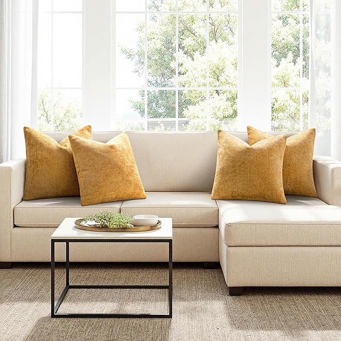 MIULEE Pack of 4  Throw Pillow Covers 18x18 Inch Gold Soft Decorative Chenille Pillow Covers Farmhouse Accent Cushion Covers for Boho Home Decor Bedroom Living Room