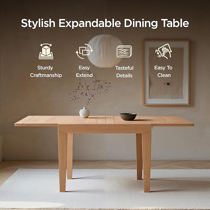 Acanva Rectangle Extendable Dining Table for 4-6 Person, Modern Kitchen Small Space Tables with Solid Wood Legs, Natural Oak