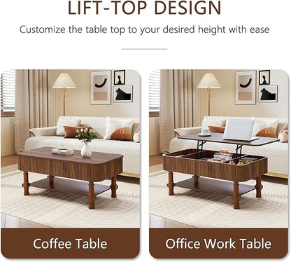 39”Large Lift Top Coffee Table with Hidden Storage Compartment,Fluted Coffee Tables Fully Assembled Wooden Center Table,Mid Century Modern Lift Tabletop Dining Table for Living Room Home Office,Walnut