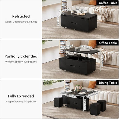 homary Coffee Table with Stools, Black 3-in-1 Modern Lift-Top Folding Center Table with Hidden Storage, Casters, and Lockable Wheels – Convertible Dining & Office Table for Living Room