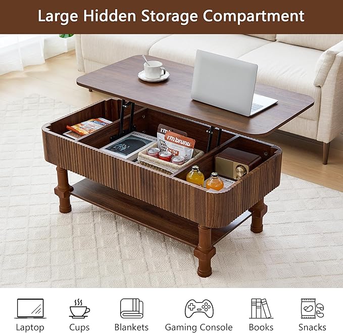 39”Large Lift Top Coffee Table with Hidden Storage Compartment,Fluted Coffee Tables Fully Assembled Wooden Center Table,Mid Century Modern Lift Tabletop Dining Table for Living Room Home Office,Walnut