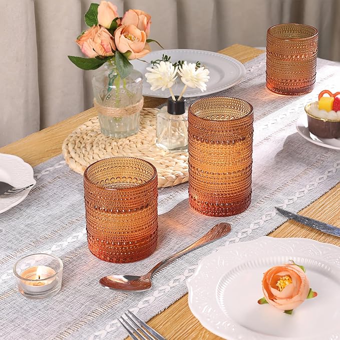 Tarracotta Hobnail Glasses Drinking Set of 4, 12 oz Cocktail Glasses, Tarracotta Vintage Glassware for Beer, Cocktail, Soda, Juice, Coffee and Various Mixed Drinks