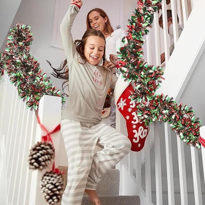50Ft Christmas Tinsel Garland - Red Green Silver Shiny Metallic Twist Decor for Christmas Tree Home Stairs Railing Front Door Mantle Fireplace Indoor Outdoor Holiday Party
