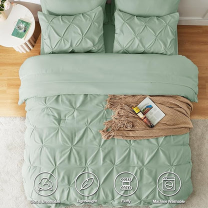 CozyLux Full Size Comforter Sets Sage Green, 7 Pieces Pintuck Bed in A Bag Green Comforter Full Size, Pinch Pleat Bedding Sets with All Season Comforter, Sheets, Pillowcases & Shams