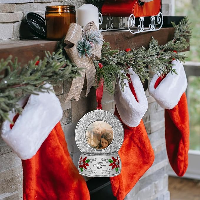 2025 Christmas Ornaments 2 inch Picture Frame Metal Hanging Pendant for Tree Small Decorative Keepsake, Display Photo for Baby and Pet (Crystal Ball Silver(2025))