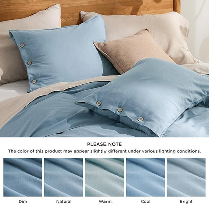 Bedsure Linen Duvet Cover Queen - Linen Cotton Blend Bedding Set, Soft & Cozy, 3 Pieces, 1 Duvet Cover 90x90 Inches and 2 Pillowcases, Grey Blue Color Cooling Bedding, Comforter Sold Separately