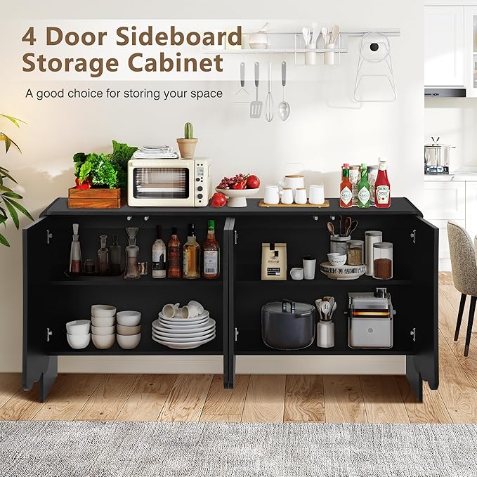 ORRD Sideboard Buffet Cabinet, Accent Storage Cabinets with 4 Doors, Farmhouse Wood Cabinet with Adjustable Shelves and Wave Panel for Living Room, Dining Room, Entry - Black
