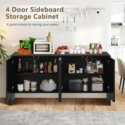 ORRD Sideboard Buffet Cabinet, Accent Storage Cabinets with 4 Doors, Farmhouse Wood Cabinet with Adjustable Shelves and Wave Panel for Living Room, Dining Room, Entry - Black