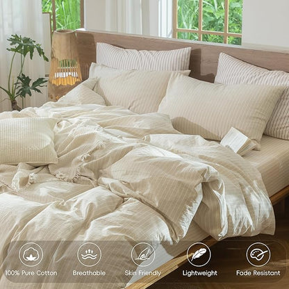 MooMee Striped Duvet Cover Set 100% Washed Cotton Linen Like Textured Breathable Durable Soft Comfy (Almond Milk Grey White Wide Stripes, Twin 68"x90")