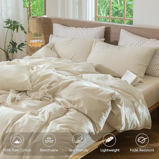 MooMee Striped Duvet Cover Set 100% Washed Cotton Linen Like Textured Breathable Durable Soft Comfy (Almond Milk Grey White Wide Stripes, Super King Plus 120"x120")