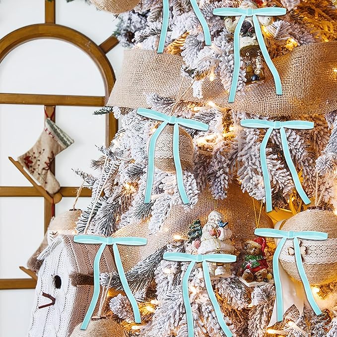 24 Pcs Blue Velvet Bows for Christmas Tree, Elegant Christmas Tree Bows, 5x7 Inch Pre-Tied Ribbon Bows for Wreaths, Gifts, and Holiday Décor, Velvet Bow Ornaments for Xmas Trees