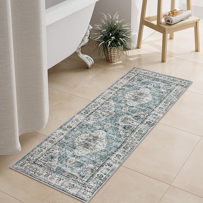 Uphome Bathroom Rugs Runner, Distressed Farmhouse Boho Blue Bath Mat, Non Slip Washable Long Bath Rugs, Vintage Traditonal Soft Velvet Bathroom Runner for Bathtub Sink Shower, 18x47 inch