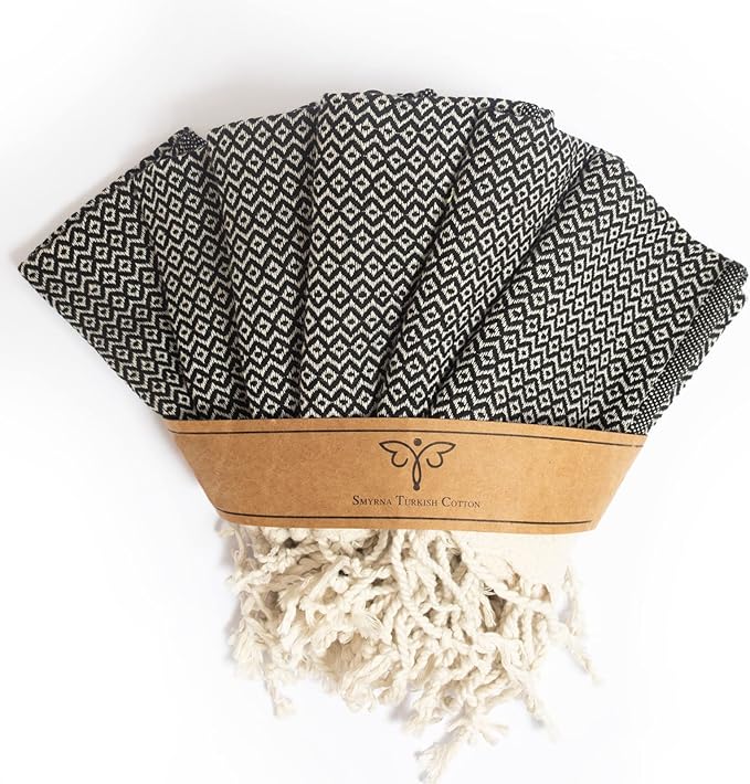 SMYRNA TURKISH COTTON Vintage Series Kitchen Dish Towels Pack of 6, Machine Washable Wash Cloths, Ultra Soft, Absorbent, Prewashed and Quick Dry Turkish Dish Towels, 12x12 Inch (Black)