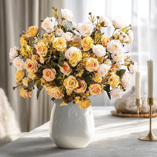 Artificial Flowers for Outdoor 4 Bundles Rose Bouquet with Daisy Faux Flowers UV Resistant for Home Indoor Outside Garden Porch Window Box Balcony Yard Porch Decor (White+Yellow)