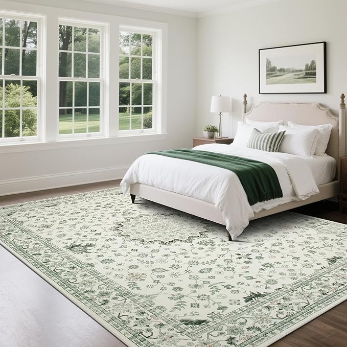 Washable Rugs 8x10 Area Rugs for Living Room,Rugs for Bedroom,Large Carpets,Ultra Soft Faux Wool Retro Dining Room Rug,Non Slip&Non-Shedding Low Pile Vintage Print Rug for Home Office-Green