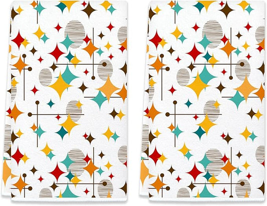 Mid Century Modern Kitchen Towels Set of 2 Diamond Absorbent Dish Towels 24x16