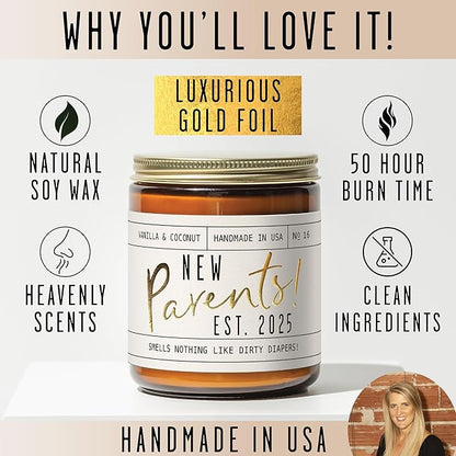 New Parents Gifts for Couples - 'New Parents Est 2025' Candle, w/Coconut, Vanilla I Mom and Dad Gifts for New Parents After Birth I First Time Parents Gift I Expecting Parents I 50 Hr Burn, USA Made