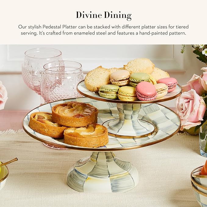 MACKENZIE-CHILDS Enamel Pedestal Platter, Round Cake Stand, Small, Gray-and-White Sterling Check