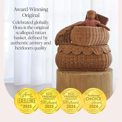 BEBE BASK The Original Scalloped Basket Set Of 2 - Small Scallop Basket - 15 x 10 x 6 In - Hand-Woven & Award-Winning - Elegant Wicker With Scalloped Edge Lid - Nursery Storage - (Mocca)