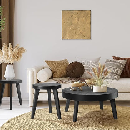 Farmhouse Round Coffee Table Set of 3, Black Sofa Side Nesting Tables End Table Set with Wood Natural Finish for Living Room, Bedroom, Home Office, Conference