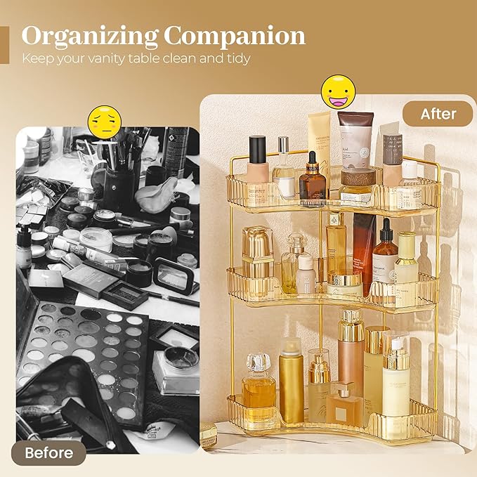 Aveniee Corner Bathroom Counter Organizer, Bathroom Countertop Shelf Makeup Organizer for Vanity Perfume Corner Storage (3 Tiers, Gold)