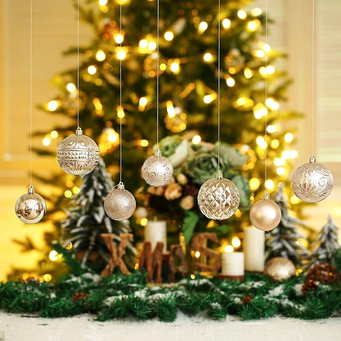 Christmas Ball Ornaments Champagne Christmas Tree Decorations with Hang Rope-36pcs Shatterproof Christmas Ornaments Set with 6 Styles in 3 Sizes(Small Medium Large)