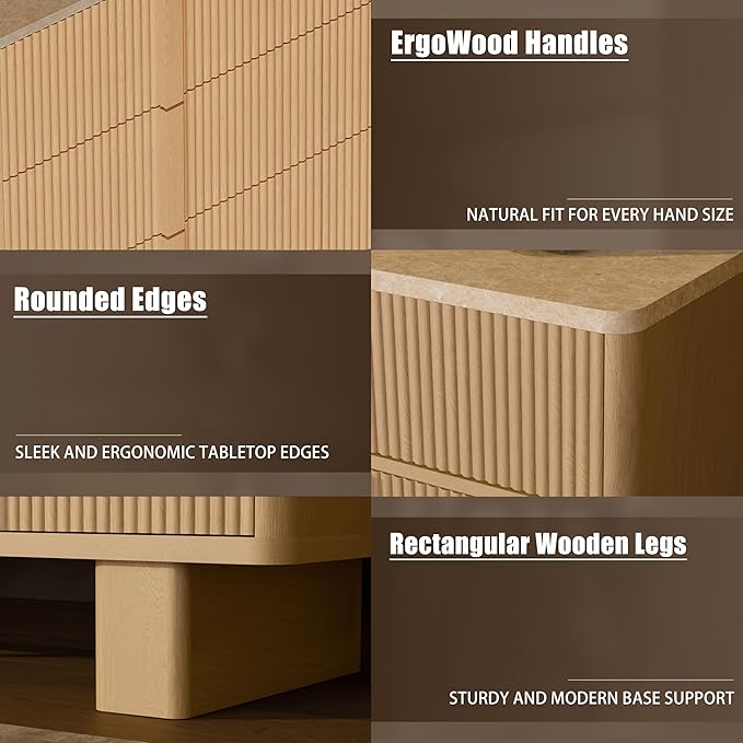 Fluted Dresser for Bedroom with 6 Drawers,47" Wide Modern Chest of Drawers with Wooden Handle, Wooden Dresser TV Stand, Wood Closet Clothes Storage Organizer for Living Room, Hallway, Light Oak