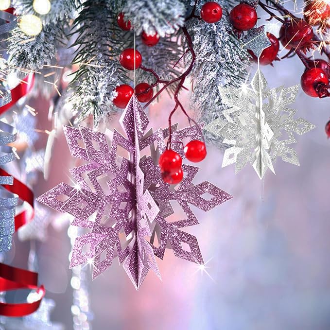 Christmas Hanging Snowflakes Decorations, 15pcs 3D Glitter Purple Silver Paper Snowflakes Snow Flakes Garland for Winter Wonderland Frozen Christmas Birthday Party Decorations