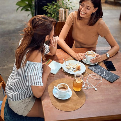 ADRIMER Placemats, Heat Resistant Oval Placemats Set of 4 Washable 12 x 17 Inch, Waterproof Table Mats, Wipeable Pu Place Mats for Kitchen, Dining Room, Light Brown