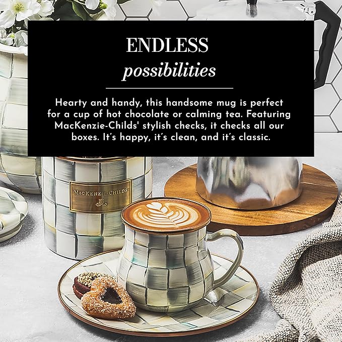 MACKENZIE-CHILDS Enamel Mug, Cute Enamelware Coffee and Tea Mug, Unique Drinkware, 16 Ounces, Gray-and-White Sterling Check, Set of 4