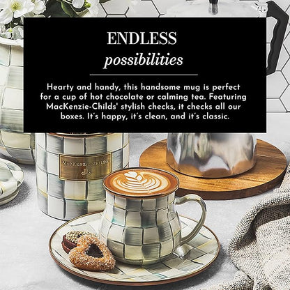 MACKENZIE-CHILDS Enamel Mug, Cute Enamelware Coffee and Tea Mug, Unique Drinkware, 16 Ounces, Gray-and-White Sterling Check, Set of 4