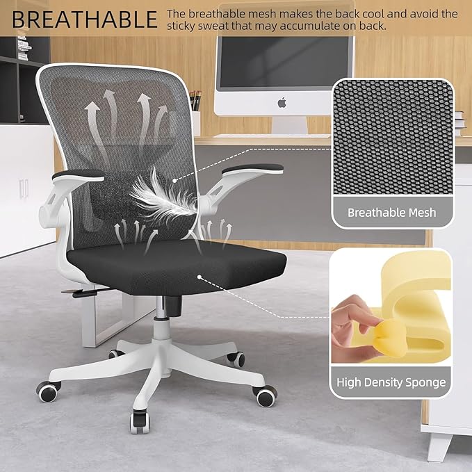 Ergonomic Office Chair, High-Back Mesh Desk Chair with Adjustable Height, Lumbar Support, Flip-Up Armrests,headrest，and Swivel Rolling Design for Home and Office Use