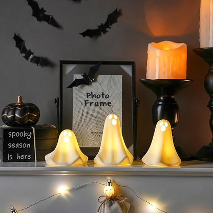 Ghost Decor, 3Pcs Light Up Ghosts for Indoor Halloween Decorations, Battery Powered White Mini Ghost Figurines with LED for Spooky Halloween, Home Tabletop Shelf Centerpieces