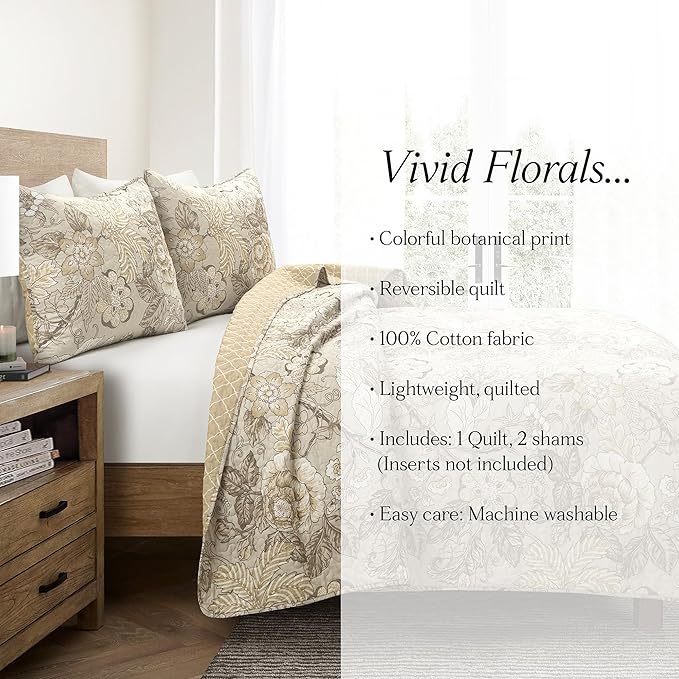 Lush Decor Sydney Reversible Cotton Quilt Set Queen 3 Piece Bedding, Beige Floral Neutral