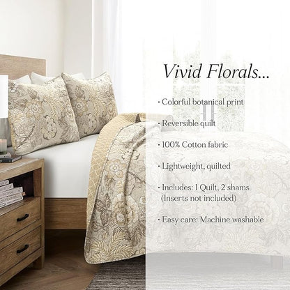 Lush Decor Sydney Reversible Cotton Quilt Set Queen 3 Piece Bedding, Beige Floral Neutral
