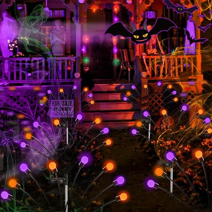 Halloween Decorations Outdoor Solar Pathway Lights, 6 Pack 48LED Solar Firefly Lights Orange and Purple, Sway by Wind, Waterproof Solar Halloween Lights for Patio Garden Yard Lawn Horror Party Decor