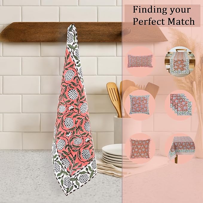 Ridhi Dark Salmon Pink Hand Block Print Waffle Kitchen Towel Set of 3-16 x28 Ultra Absorbent Quick Dry 100% Cotton Dish Towels Lightweight Reusable Sustainable Tea Towels for Cleaning and Drying
