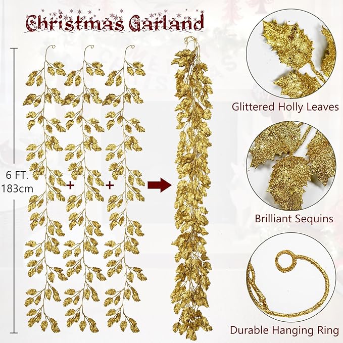 3 Pcs 6FT Christmas Garland Gold Glittered Artificial Holly Leaves for Christmas Tree Decorations Indoor Outdoor Hanging Garland Ornaments Home Decor Garden Door Wall Window Stair Holiday Decoration