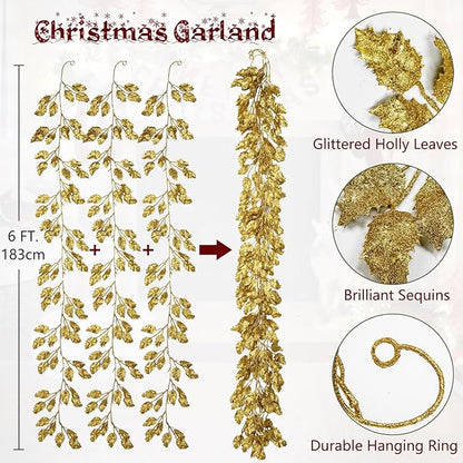 3 Pcs 6FT Christmas Garland Gold Glittered Artificial Holly Leaves for Christmas Tree Decorations Indoor Outdoor Hanging Garland Ornaments Home Decor Garden Door Wall Window Stair Holiday Decoration